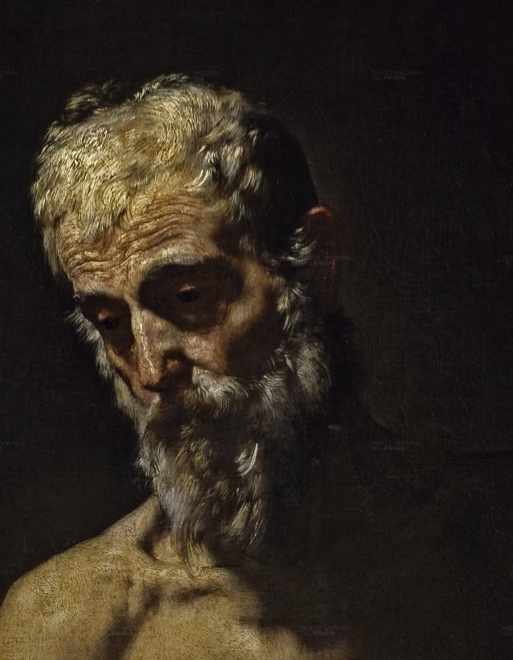 A weathered old man with a white beard looking downward, painted in dark, dramatic light.